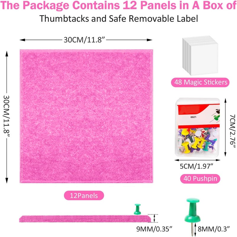 ZHIDIAN Felt Wall Tiles Bulletin Board with Removable Adhesive, 47"x35" Pink Cork Board Alternative with 40 Push Pins, 12 Pack Large Office Cork Tile Push Board Felt Squares for Walls - Image 2